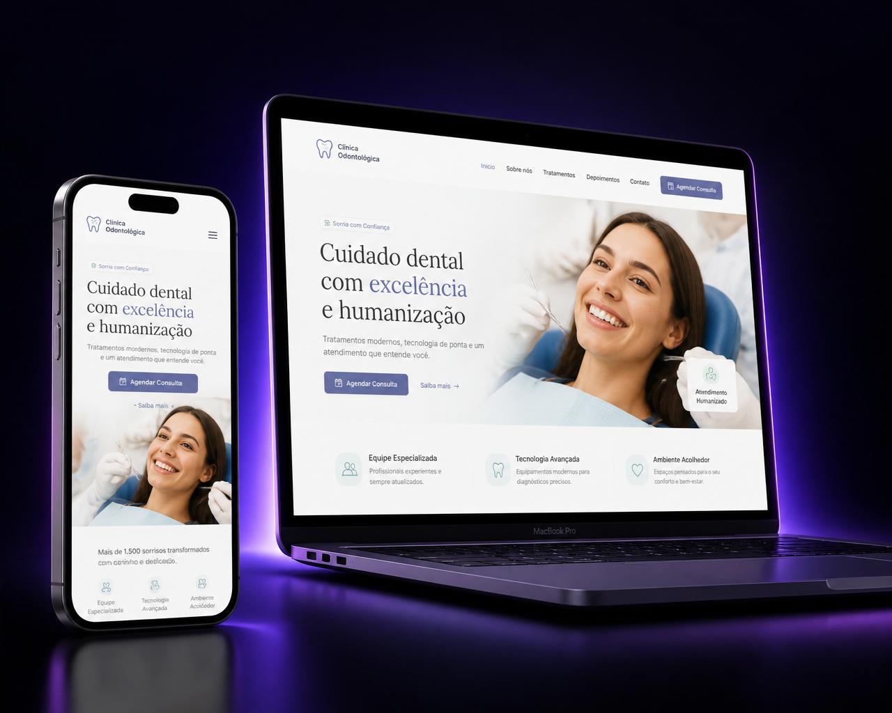 Mockup de um site para consultório odontológico exibido em iPhone e MacBook
